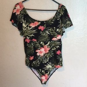 Orange kiss tropical print bodysuit.